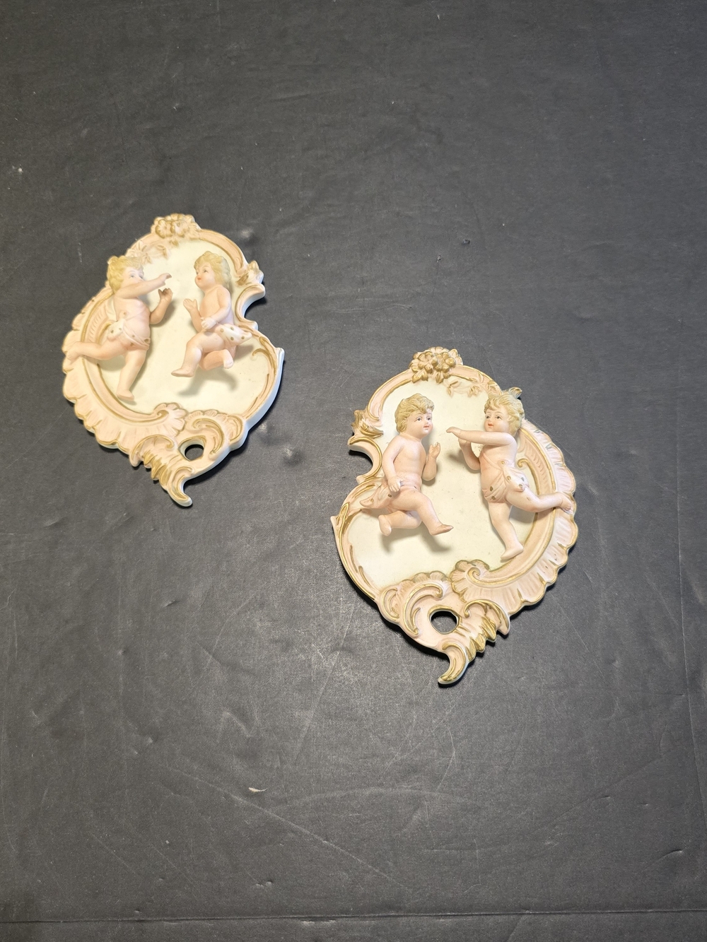 Vintage Pair Pink & White Lefton China Bisque Cherub Angel Wall Plaques KW7220